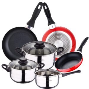 Batería de cocina 5 piezas acero inoxidable y set 3pcs sartenes 16/20/24 rojo, aluminio prensado, inducción
