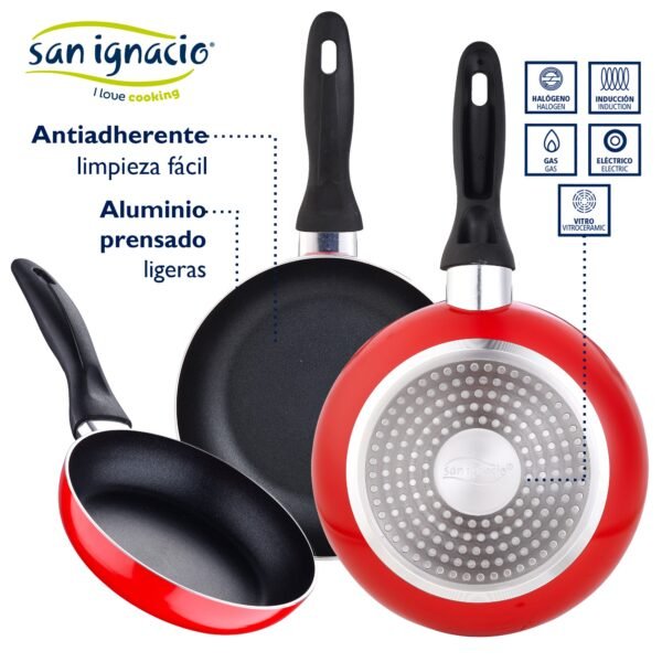 Batería de cocina 5 piezas acero inoxidable y set 3pcs sartenes 16/20/24 rojo, aluminio prensado, inducción - Imagen 3