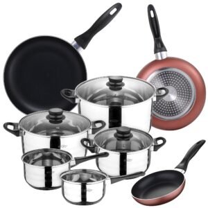 San Ignacio Set Batería de cocina de 8 piezas acero inoxidable + 3 sartenes Ø16/20/24 cm aluminio prensado, aptas para inducción