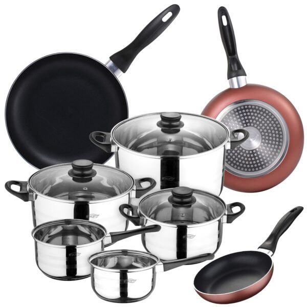San Ignacio Set Batería de cocina de 8 piezas acero inoxidable + 3 sartenes Ø16/20/24 cm aluminio prensado, aptas para inducción