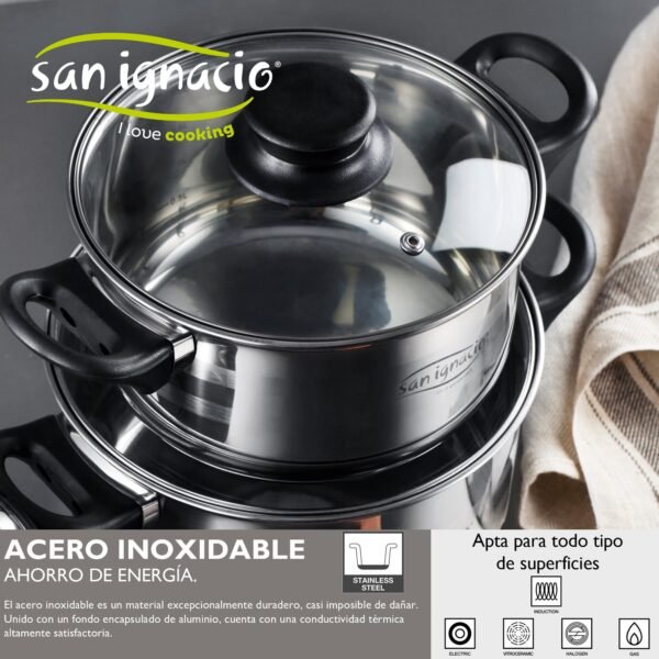 San Ignacio Set Batería de cocina de 8 piezas acero inoxidable + 3 sartenes Ø16/20/24 cm aluminio prensado, aptas para inducción - Imagen 4