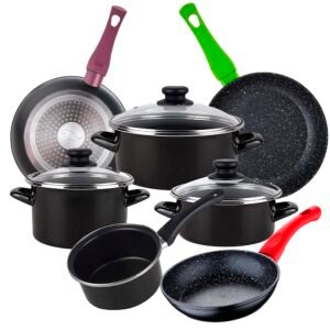 Bateria de cocina 7 piezas MAGEFESA Kenia de acero vitrificado con juego de sartenes (18/22/26 cm) SAN IGNACIO Jolie de aluminio forjado