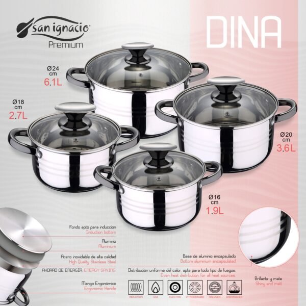Bateria de cocina 8 piezas SAN IGNACIO Dina de acero inoxidable con juego de sartenes (18/22/26 cm) SAN IGNACIO Jolie de aluminio forjado - Imagen 3