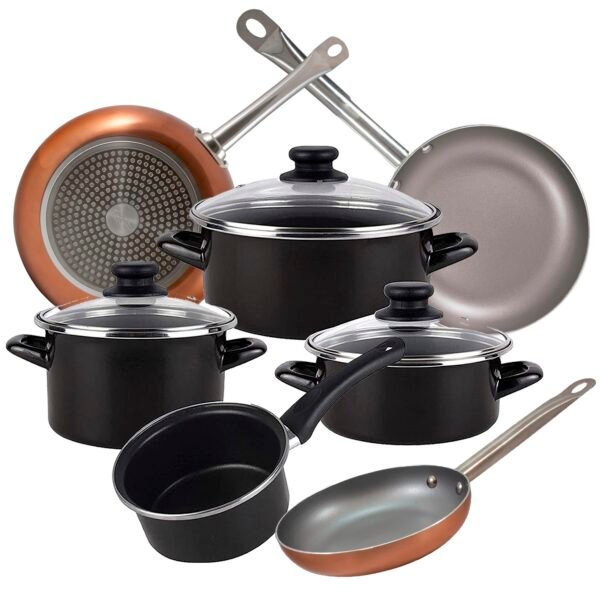 Bateria de cocina 7 piezas MAGEFESA Kenia de acero vitrificado con juego de sartenes (18/22/26 cm) SAN IGNACIO Optimum Plus en aluminio prensado