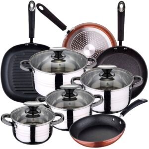 Bateria de cocina 8 piezas SAN IGNACIO Dina de acero inoxidable con juego de sartenes (20/24/28 cm) y grill 28 cm SAN IGNACIO Moma en alumino forjado
