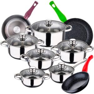 Bateria de cocina 12 piezas SAN IGNACIO Cassel en acero inoxidable con juego de sartenes (18/22/26 cm) SAN IGNACIO Jolie en aluminio forjado
