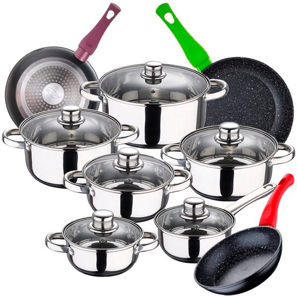 Bateria de cocina 12 piezas SAN IGNACIO Cassel en acero inoxidable con juego de sartenes (18/22/26 cm) SAN IGNACIO Jolie en aluminio forjado