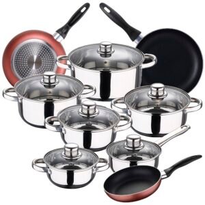 Bateria de cocina 12 piezas SAN IGNACIO Cassel en acero inoxidable con juego de sartenes (16/20/24 cm) SAN IGNACIO Paradise en aluminio prensado