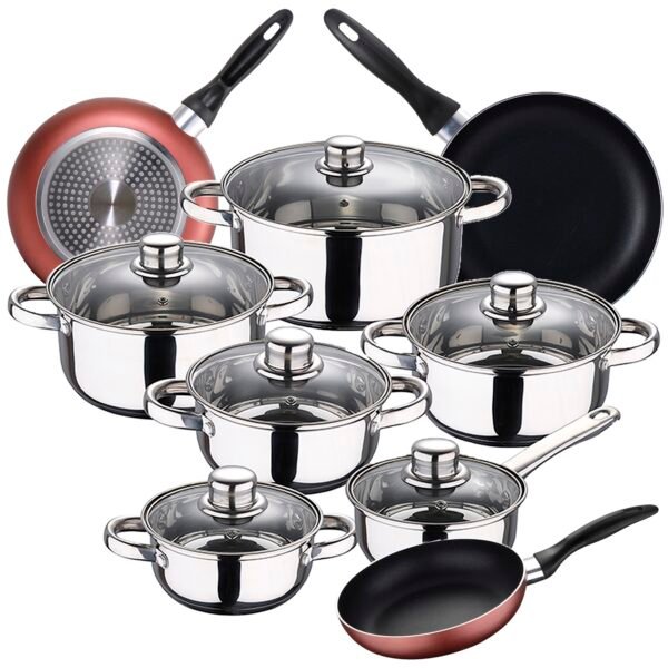 Bateria de cocina 12 piezas SAN IGNACIO Cassel en acero inoxidable con juego de sartenes (16/20/24 cm) SAN IGNACIO Paradise en aluminio prensado