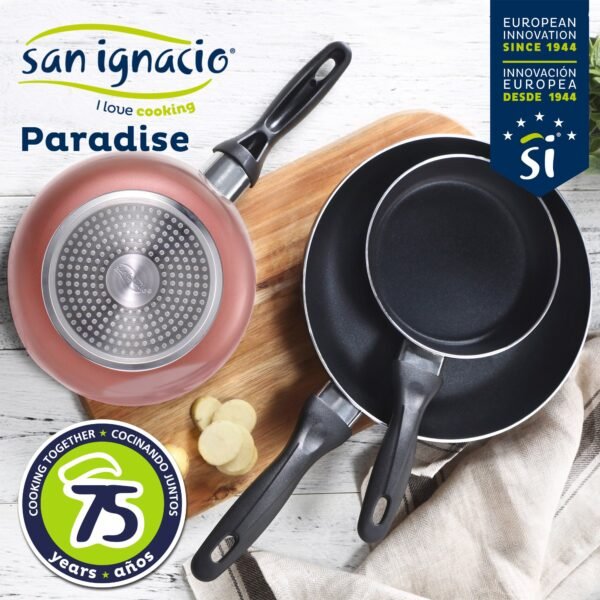 Bateria de cocina 12 piezas SAN IGNACIO Cassel en acero inoxidable con juego de sartenes (16/20/24 cm) SAN IGNACIO Paradise en aluminio prensado - Imagen 2