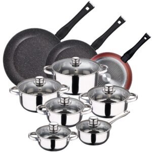 PACK DE 3 SARTENES Ø20/24 y 28 cms + BATERÍA DE COCINA DE 12PC EN ACERO INOXIDABLE