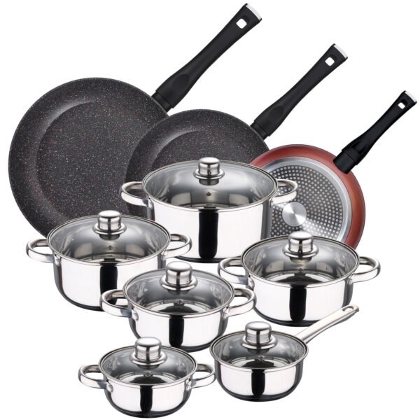 PACK DE 3 SARTENES Ø20/24 y 28 cms + BATERÍA DE COCINA DE 12PC EN ACERO INOXIDABLE