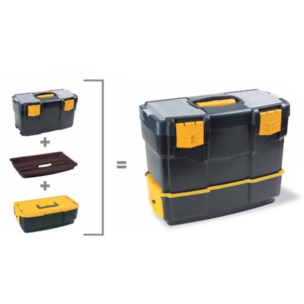 Caja de herramientas L420xP220xH340 mm, con 2 organizadores + bandeja + compartimento para herramientas eléctricas