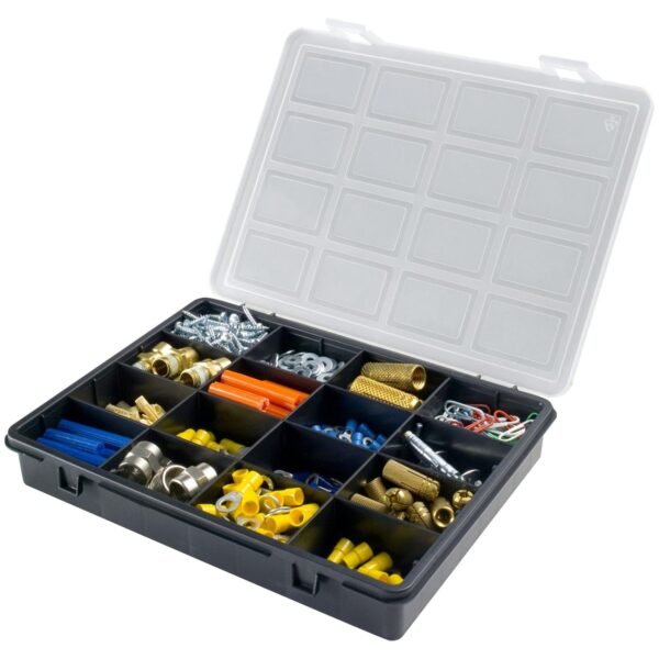 Organizador de plástico con 16 compartimentos L 242 x P 188 x H 37 mm.