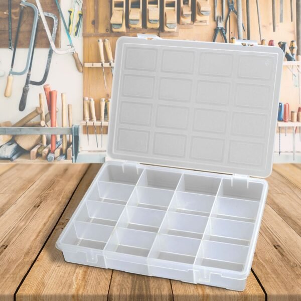 Organizador de plástico transparente con 16 compartimentos L242xP188xH37 mm.