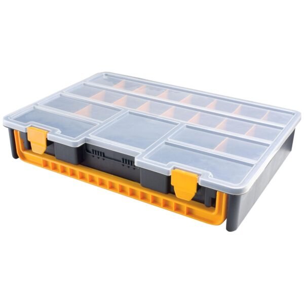 Organizador de plástico L443 x P317 x H80 mm con separadores extraíbles, tapa transparente