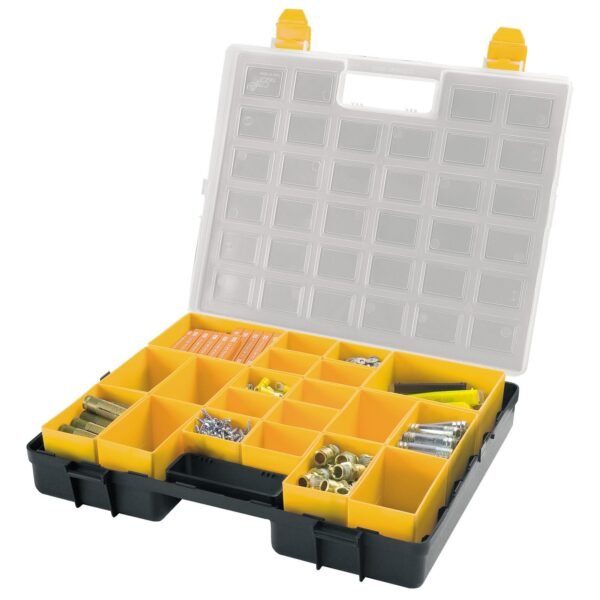 Organizador de plástico L372 x P314 x H70 mm con 2 cajas grandes extraíbles en el interior + 8 medianas + 10 pequeñas, tapa transparente