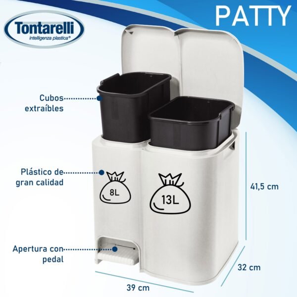 CUBO DE RECICLAJE 'PATTY2' CON DOS COMPARTIMENTOS Y CUBOS EXTRAIBLES COLOR BLANCO - Imagen 2