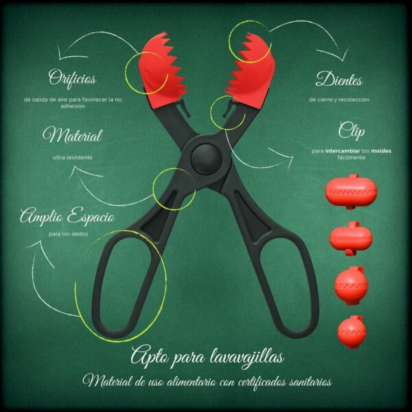 Utensilio multiuso con 4 moldes intercambiables , para croquetas, albóndigas, bolas, sushi, en color rojo de plástico - La croquetera: patentado y fab - Imagen 4