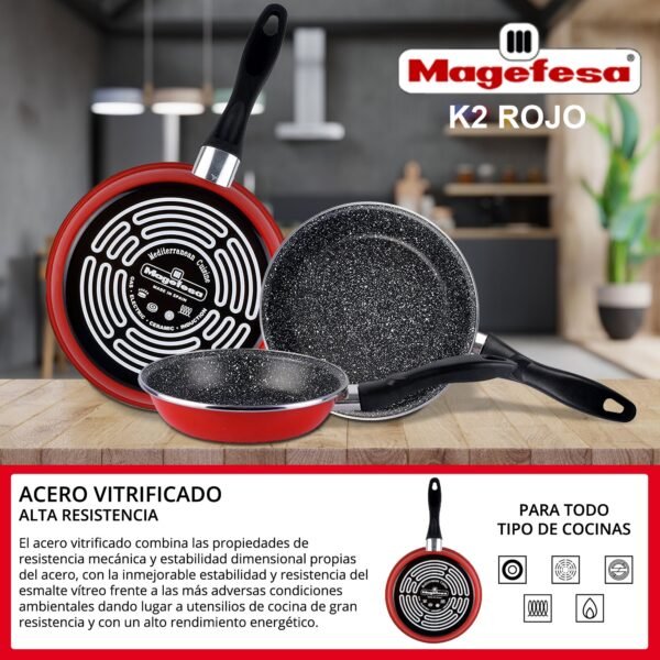Magefesa K2 ROJO sartén 22, acero esmaltado vitrificado, en rojo, inducción y lavavajillas - Imagen 3