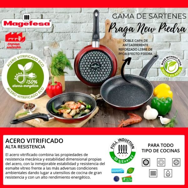 Magefesa PRAGA PIEDRA sartén 22 cms, acero esmaltado vitrificado, en granate, inducción y lavavajillas - Imagen 2