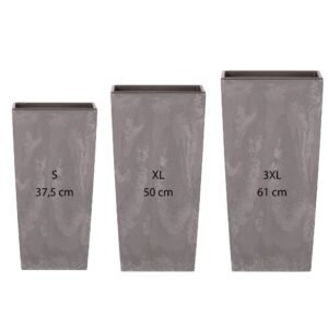 Pack 3 macetas altas Prosperplast (11,4/26,6/49 litros) Urbi Square Effect de plastico en color gris claro con deposito.