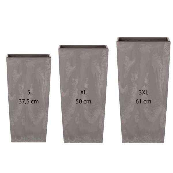 Pack 3 macetas altas Prosperplast (11,4/26,6/49 litros) Urbi Square Effect de plastico en color gris claro con deposito.