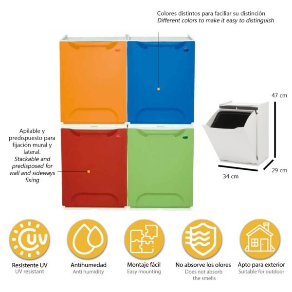Pack de 2 papeleras de reciclaje en polipropileno color blanco, con depósito en el interior 40 L totales - Imagen 2