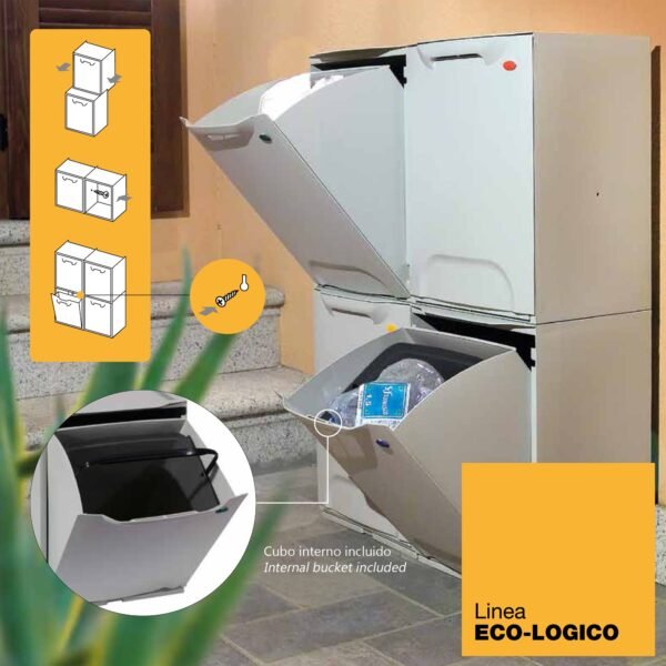 Pack de 2 papeleras de reciclaje en polipropileno color blanco, con depósito en el interior 40 L totales - Imagen 3