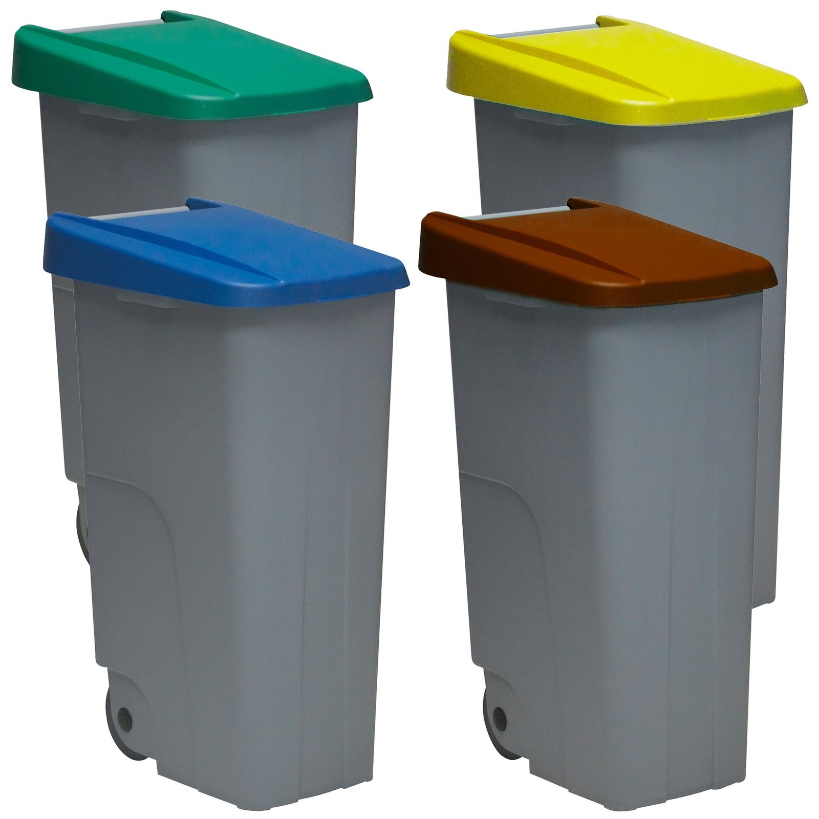 Pack Reciclaje Reciclo 110L. Cerrado c/u: 440L. totales, en 4 contenedores, Azul/Verde/Amarillo/marrón, INCLUYE rollo de 10 Bolsas de basura de 120L.