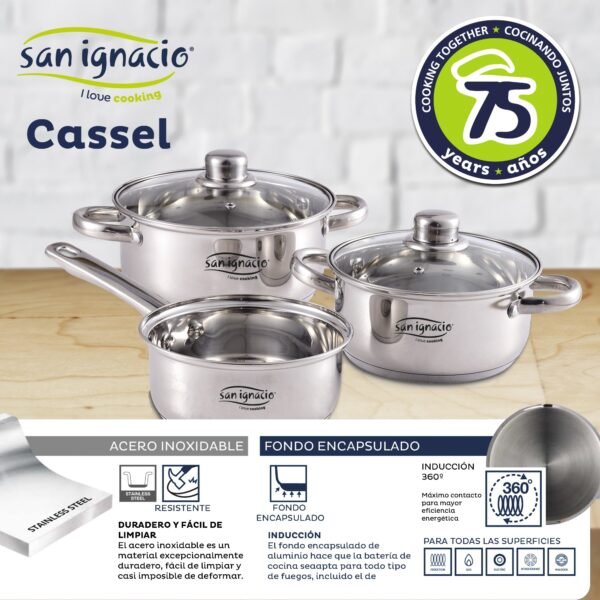 Bateria 5pcs acero inoxidable: cazo Ø16x7,5 Cacerolas de Ø18x8,5 y Ø20x9,5 cms., inducción + Set 3 sartenes Ø16/20/24 cm, aluminio prensado, aptas par - Imagen 2