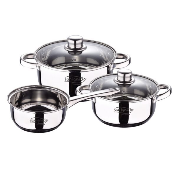 Bateria 5pcs acero inoxidable: cazo Ø16x7,5 Cacerolas de Ø18x8,5 y Ø20x9,5 cms., inducción + Set 3 sartenes Ø16/20/24 cm, aluminio prensado, aptas par - Imagen 4