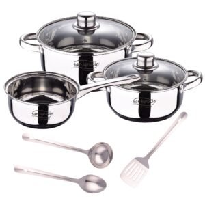 Bateria 5pcs acero inoxidable: cazo Ø16x7,5 Cacerolas de Ø18x8,5 y Ø20x9,5 cms., inducción + Set 3pcs Utensilios de cocina en Acero Inoxidable