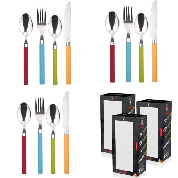 Set de 3 unidades de CUBERTERIA 24 PIEZAS ACERO INOXIDABLE  MODELO HAPPIE COLORS