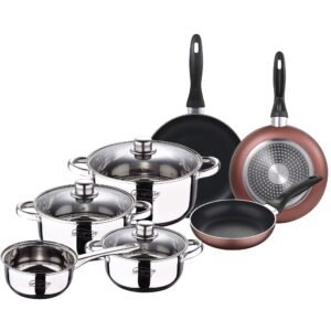 Bateria 7pcs acero inoxidable: Cazo sin tapa Ø16 (1.5L) / Cacerolas con tapa Ø18 (2.0L); Ø20 (3.0L) y Ø24 (4.0L) y Set de 3 sartenes Ø16/20/24 cm, alu
