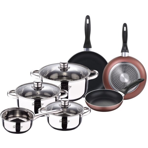 Bateria 7pcs acero inoxidable: Cazo sin tapa Ø16 (1.5L) / Cacerolas con tapa Ø18 (2.0L); Ø20 (3.0L) y Ø24 (4.0L) y Set de 3 sartenes Ø16/20/24 cm, alu