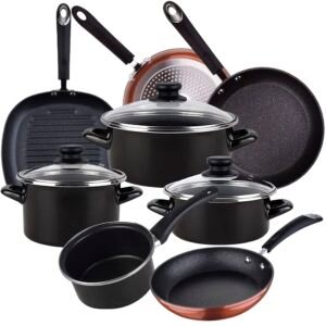 Bateria de cocina 7 piezas MAGEFESA Kenia de acero esmaltado con juego de sartenes (20/24/28 cm) y grill 28 cm SAN IGNACIO Moma en aluminio forjado