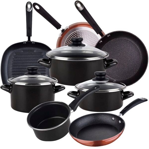Bateria de cocina 7 piezas MAGEFESA Kenia de acero esmaltado con juego de sartenes (20/24/28 cm) y grill 28 cm SAN IGNACIO Moma en aluminio forjado