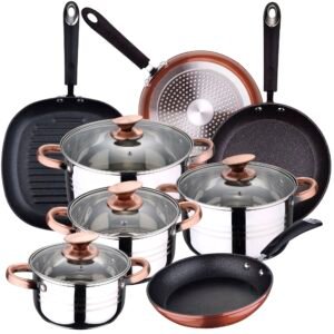 Bateria de cocina 8 piezas SAN IGNACIO Premium Nona de acero inoxidable con juego de sartenes (20/24/28 cm) y grill 28 cm SAN IGNACIO Moma en aluminio