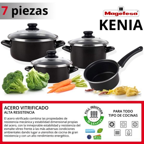 Bateria de cocina 7 piezas MAGEFESA Kenia de acero esmaltado con juego de sartenes (20/24/28 cm) SAN IGNACIO Moma en aluminio forjado - Imagen 3