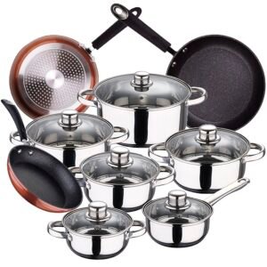 Bateria de cocina 12 piezas SAN IGNACIO Cassel en acero inoxidable con juego de sartenes (20/24/28 cm) SAN IGNACIO Moma en aluminio forjado