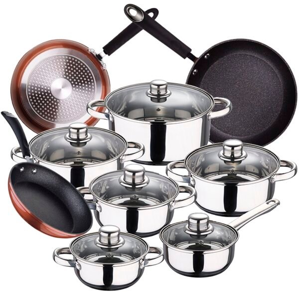 Bateria de cocina 12 piezas SAN IGNACIO Cassel en acero inoxidable con juego de sartenes (20/24/28 cm) SAN IGNACIO Moma en aluminio forjado