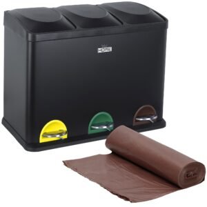 Pack de Cubo de reciclaje ecológico 45 litros de 3 compartimentos CON rollo de 20 bolsas de basura de 20 Litros, reciclaje de basura / cubos de recicl