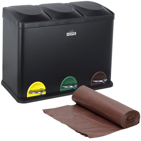 Pack de Cubo de reciclaje ecológico 45 litros de 3 compartimentos CON rollo de 20 bolsas de basura de 20 Litros, reciclaje de basura / cubos de recicl