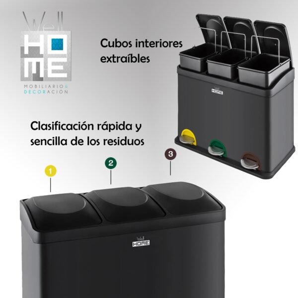 Pack de Cubo de reciclaje ecológico 45 litros de 3 compartimentos CON rollo de 20 bolsas de basura de 20 Litros, reciclaje de basura / cubos de recicl - Imagen 2