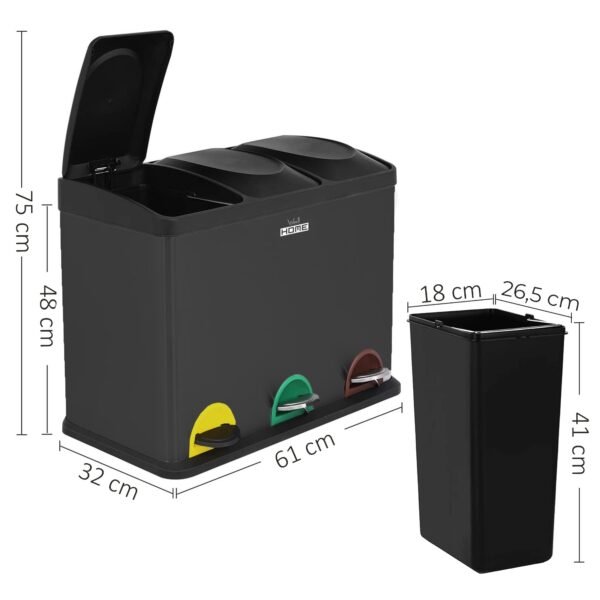 Pack de Cubo de reciclaje ecológico 45 litros de 3 compartimentos CON rollo de 20 bolsas de basura de 20 Litros, reciclaje de basura / cubos de recicl - Imagen 4