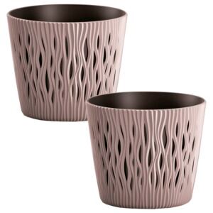 2x Maceta redonda de plastico Sandy Round en color mocca 12 (largo) x 12 (ancho) x 11,1 (alto) cm