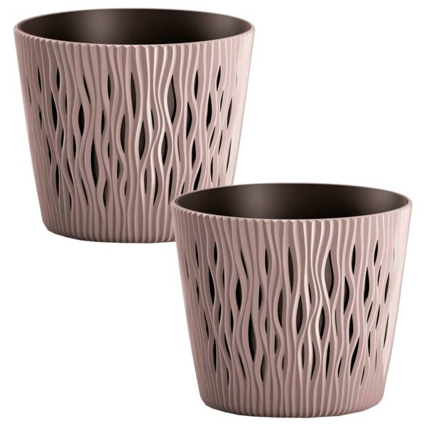 2x Maceta redonda de plastico Sandy Round en color mocca 12 (largo) x 12 (ancho) x 11,1 (alto) cm