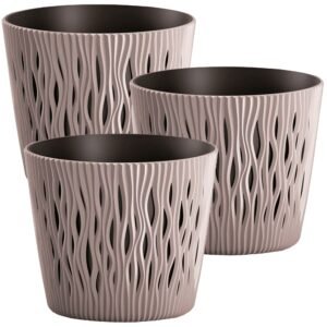 3x Maceta redonda de plastico Sandy Round en color mocca 12 (largo) x 12 (ancho) x 11,1 (alto) cm