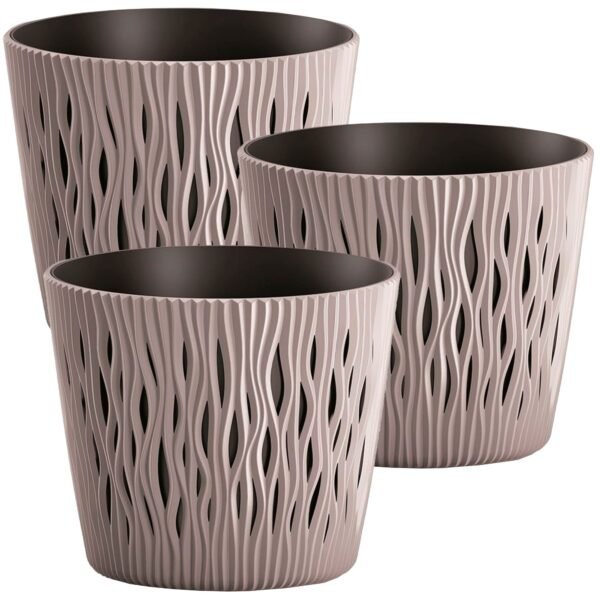 3x Maceta redonda de plastico Sandy Round en color mocca 12 (largo) x 12 (ancho) x 11,1 (alto) cm